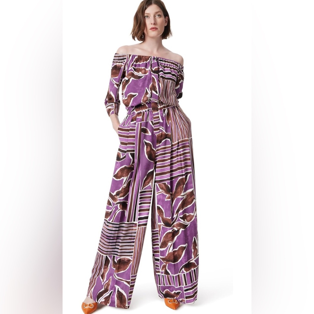 NWT DEE OCLEPPO womens Violet Off Shoulder 3/4 Sleeve Pull on Jumpsuit Medium
